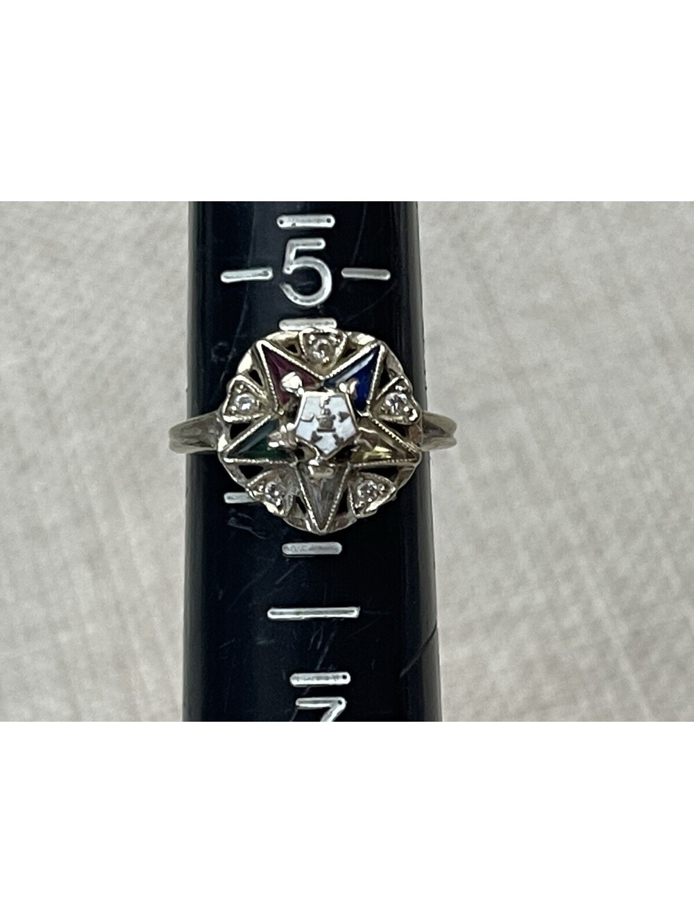 Vintage 14K White Gold Order of the Eastern Star Masonic Ring Size 6 Art Deco